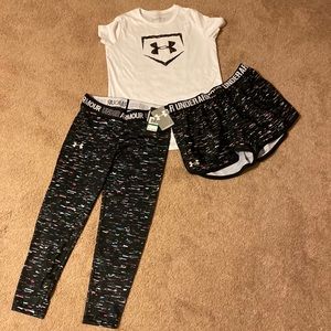 Under Armour 3 piece set. Ankle Crop Capri, Shorts and Matching T shirt.